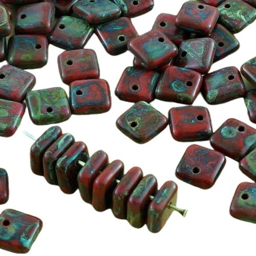 30pcs picasso brun rouge corail plat carré paillettes squarelet un trou puces perle en verre tchèque sku-31354