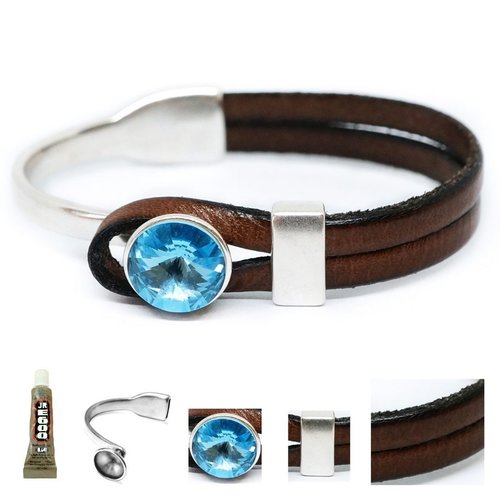 1 ensemble de bracelet kraftika marron cowhide naturel 999 zamak zamak métal plaqué argent aquamarin sku-480707