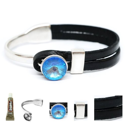 1 ensemble de bracelet kraftika black cowhide natural leather 999 zamak métal zamak plaqué argent de sku-480705