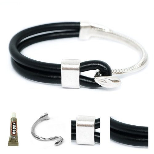 1 diy bracelet set kraftika jet noir cuir cordon faux pu 999 argent antique zamak rayé métal et cord sku-467846