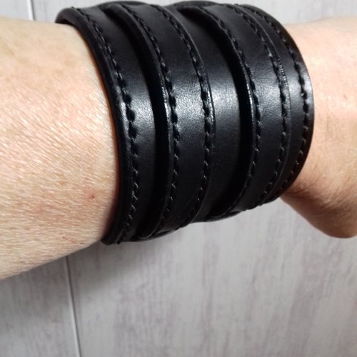Bracelet de force noir en cuir véritable - manchette large cousue main - style rock & motard