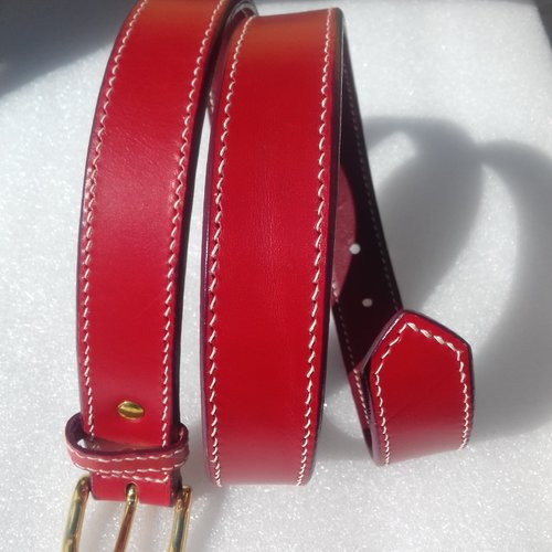 Ceinture luxe cuir rouge - entièrement cousue main sellier - doublure veau bordeaux - artisanat d'art de créateur