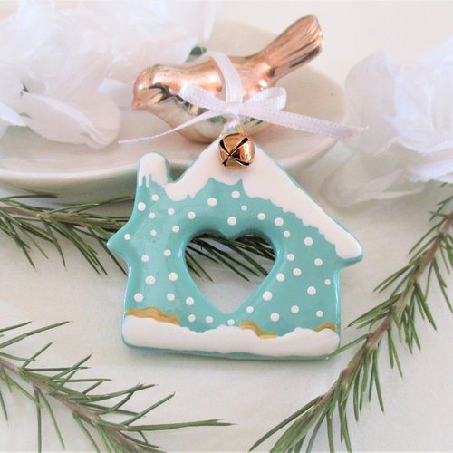 Suspension, décoration sapin de noel, maisonnette, fait main, couleur aqua