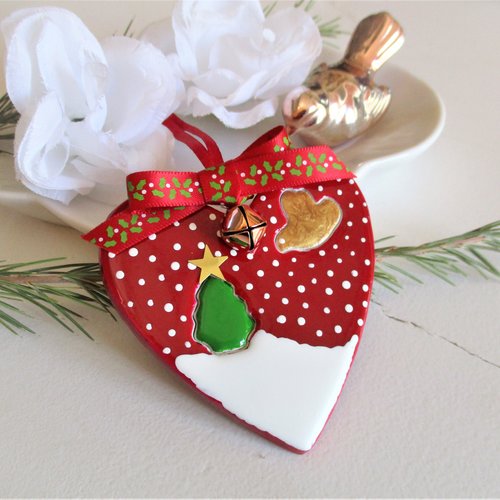 Suspension sapin de noel, cœur rouge, fait main