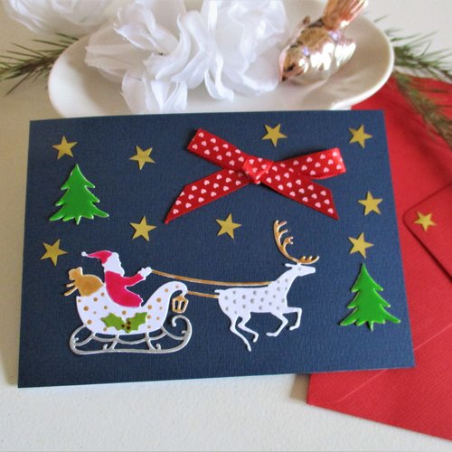 Carte double avec enveloppe assortie, traineau du père noel