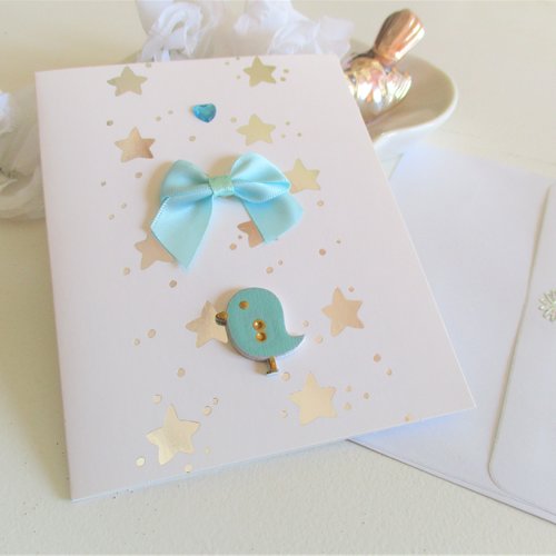 Carte faite main pour toutes occasions, oiseau bleu et petite surprise à l'intérieur