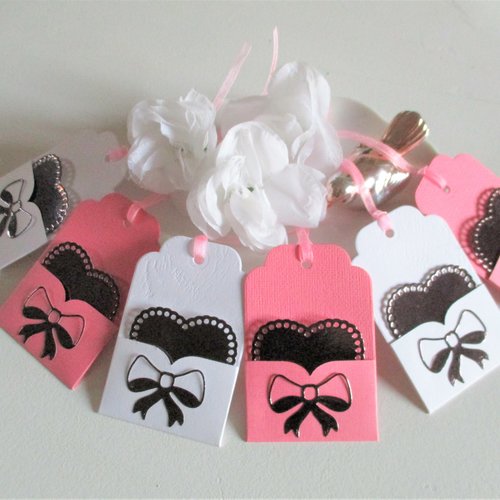 Etiquettes pour paquets cadeaux, lot de 6 étiquettes pochette cœur, rose et blanc, faites main