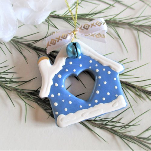 Suspension sapin de noel, maison du père noel, bleu, fait main.