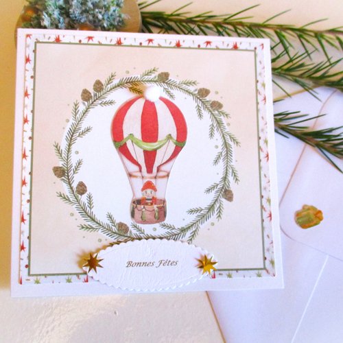 Carte bonnes fêtes, faite main, décor noel avec enveloppe assortie.