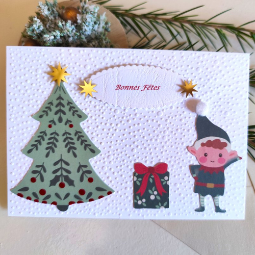 Carte faite main, bonnes fêtes, lutin du père noel