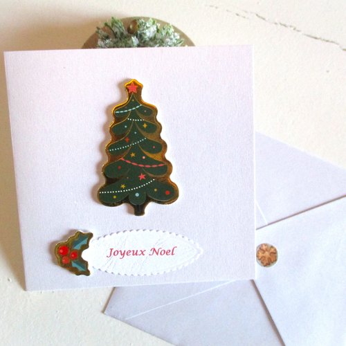 Carte joyeux noel, faite main, sapin houx