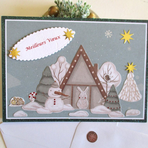 Carte meilleurs vœux, faite main, cabane sous la neige