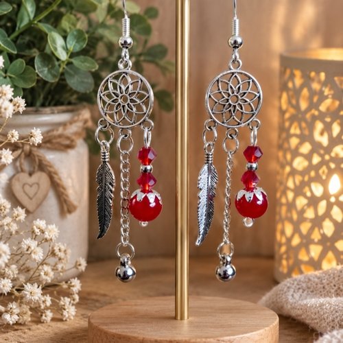 Boucles d'oreilles plumes cerise