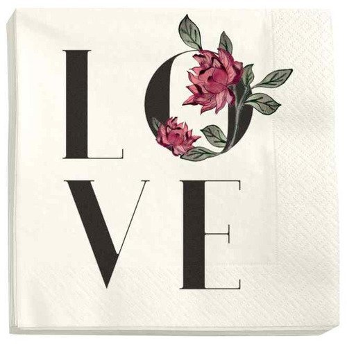 Serviette en papier motif "love" avec des fleurs autour du "o"