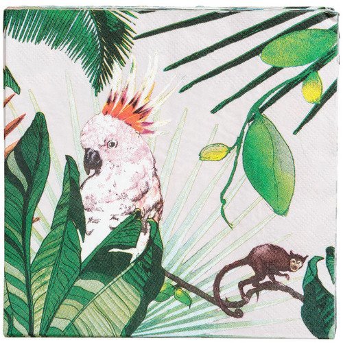 Serviette en papier motif dessins motifs feuillages et fleurs verts et roses avec papillons, singe  et oiseaux
