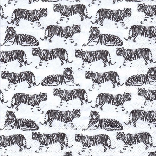Serviette en papier motif tigres noirs en frise sur fond blanc 