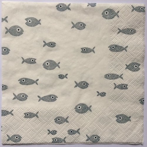 Serviette en papier motif petits poissons stylisés pointillés bleus sur fond blanc 