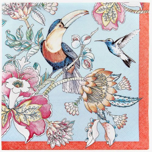Serviette en papier motif coloré, dessins oiseaux, singes, fleurs et branchages sur fond bleu ciel et bordure rouge