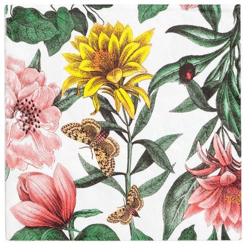 Serviette en papier motif dessins motifs feuilles et fleurs colorées avec insectes sur fond blanc