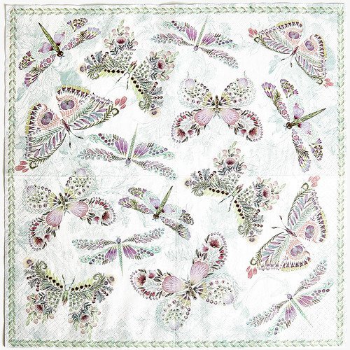 Serviette en papier motif coloré, papillons et libellules sur fond blanc