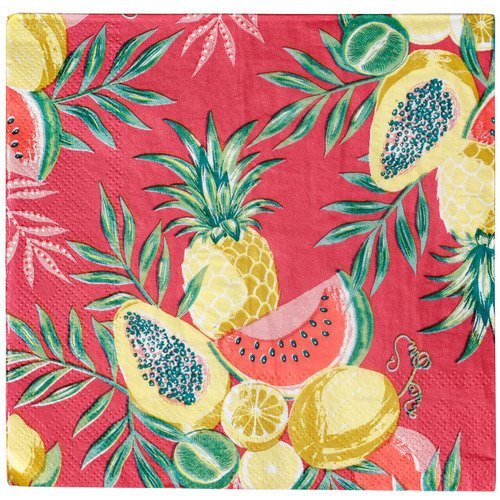 Serviette en papier motif fruits dessinés et coupés (ananas, pasteque, citron, passion...) sur fond rouge