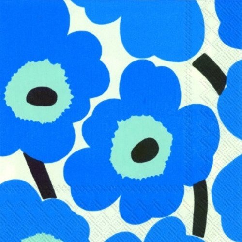 Serviette en papier motif coloré, dessin fleurs des champs prairie stylisées bleues sur fond blanc
