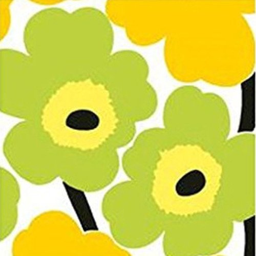 Serviette en papier motif coloré, dessin fleurs des champs prairie stylisées vert amande et jaune sur fond blanc
