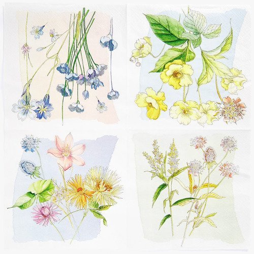 Serviette en papier motif 4 jolies fleurs colorées - une fleur différente par face 
