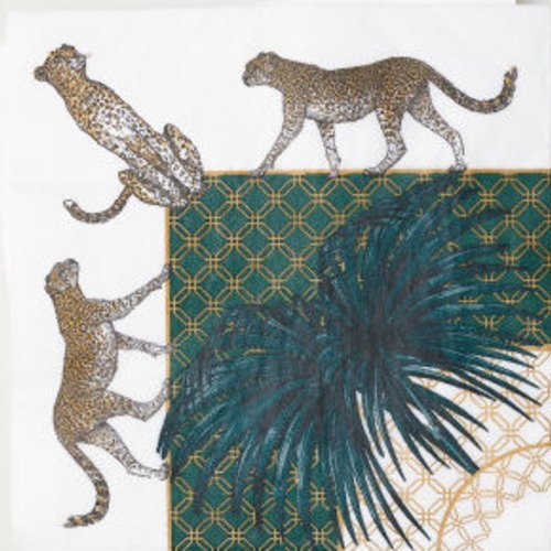 Serviette en papier motif léopards et palmiers sur fond blanc