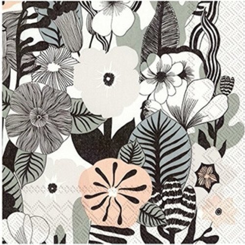 Serviette en papier motif dessins motifs fleurs, feuillages et branches verts et roses sur fond blanc