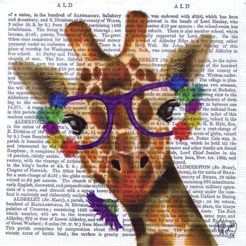 Serviette en papier motif girafe à lunettes sur fond papier journal blanc