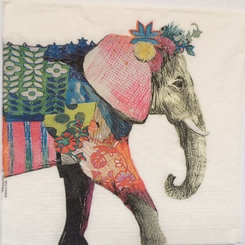 Serviette en papier éléphant fleuri hippie patchwork sur fond blanc