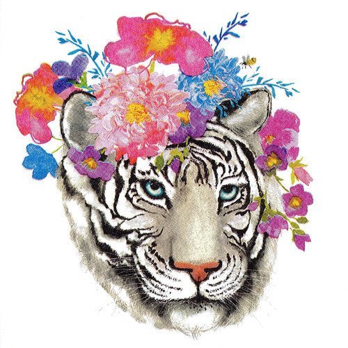 Serviette en papier motif tête de tigre blanc hippie fleuri sur fond blanc
