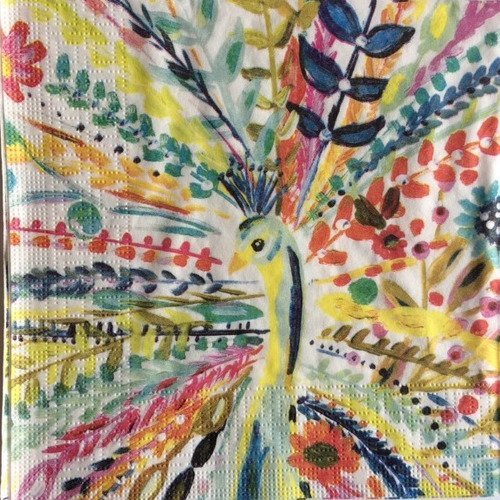 Serviette en papier motif paon stylisé plumage fleuri et multicolore