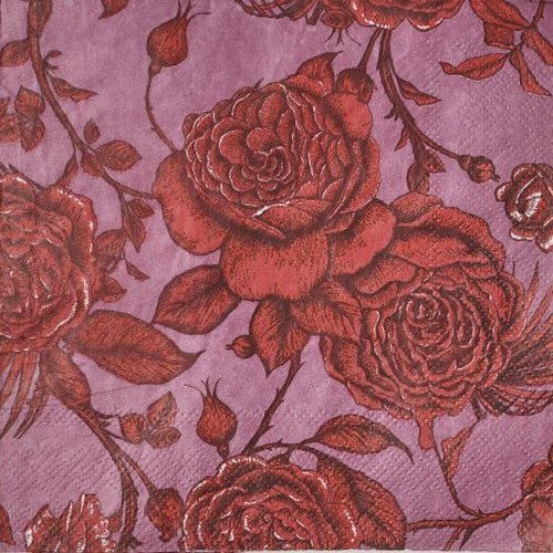 Serviette en papier motif dessins feuilles et fleurs rouges sur fond violet
