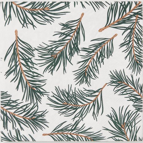 Serviette en papier motifs branches et feuilles de pin, sapin sur fond blanc