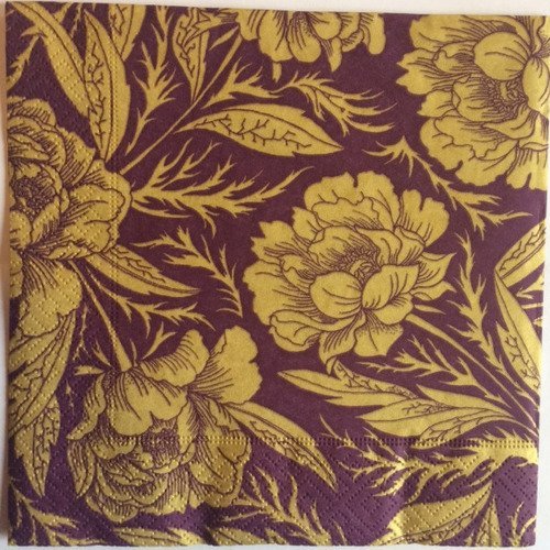 Serviette en papier motif dessins feuilles et fleurs dorées sur fond violet