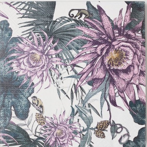 Serviette en papier motif dessins feuilles et fleurs colorées avec singes sur fond blanc