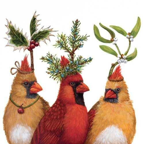 Serviette en papier motif coloré trois oiseaux avec branchages sur la tête sur fond ivoire