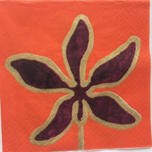 Serviette en papier motif magnifique fleur stylisée violette et dorée sur fond orange 