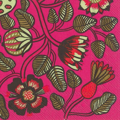 Serviette en papier motif dessins feuilles et fleurs stylisées sur fond rose vif