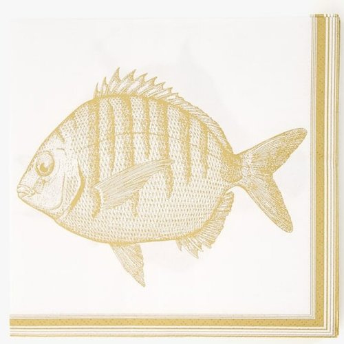Serviette en papier 4 poissons exotiques différents dorés sur fond blanc 