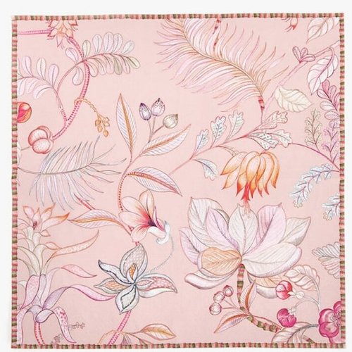 Serviette en papier motif dessins feuilles et fleurs stylisées sur fond rose