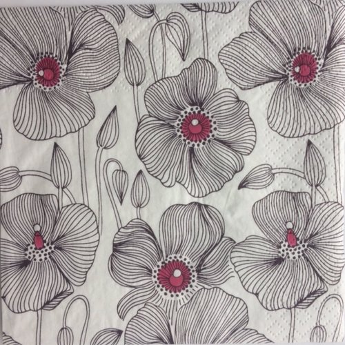 Serviette en papier motif dessin fleurs et bourgeons noir et blanc