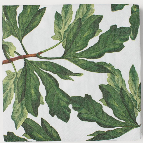 Serviette en papier motif feuillage vert sur fond blanc