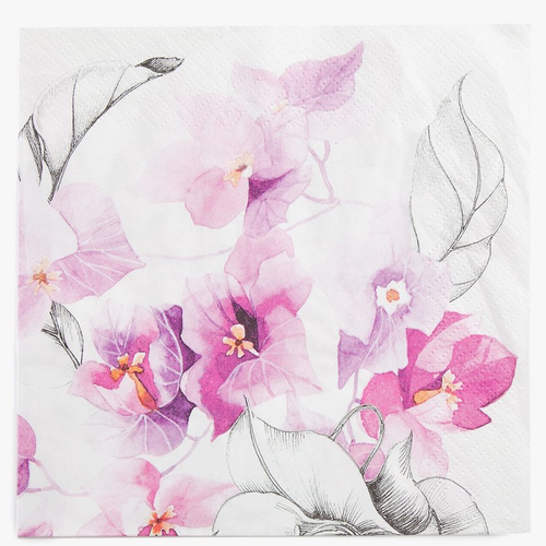 Serviette en papier motif dessins feuilles et fleurs de bougainvillée roses sur fond blanc