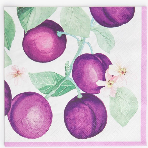 Serviette en papier motif dessins feuilles et prunes violettes sur fond blanc