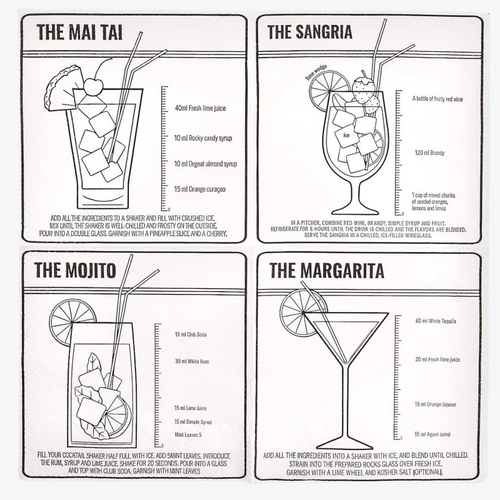 Serviette en papier (petit format) motif recettes de cocktails (margarita, mojito, mai tai et sangria)