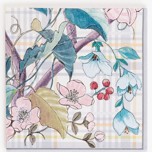 Serviette en papier motif dessins feuilles, fleurs et fruits sur fond damassé
