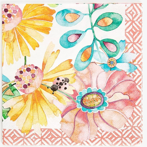 Serviette en papier dessins motifs feuilles et fleurs colorées aquarelle